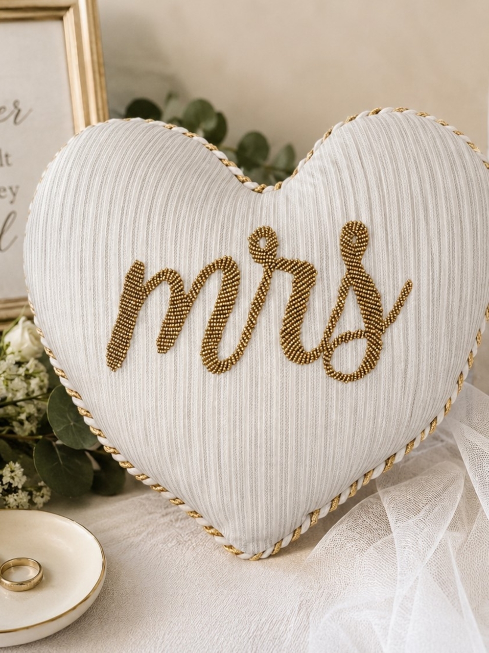 Mrs Heart Decorative Pillow - White and Gold